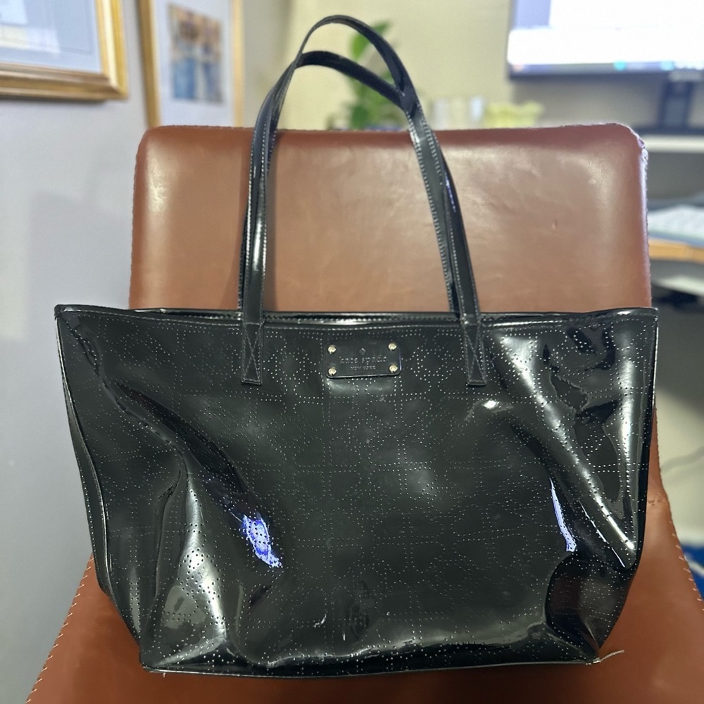 Kate Spade Black Patent Leather Harmony Metro Perforated Logo Tote